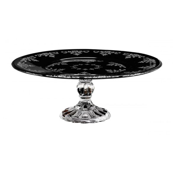 Small Flowers * Crystal Footed flat cake plate in black color 32 cm (19602)